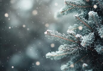 Snow-dusted evergreen branches with a dreamy winter background.