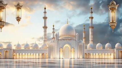 Fototapeta premium Stylish golden mosque with soft lighting and a rich, royal background, elegant Islamic banner.