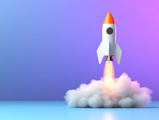 Rocket launch illustration, vibrant gradient background