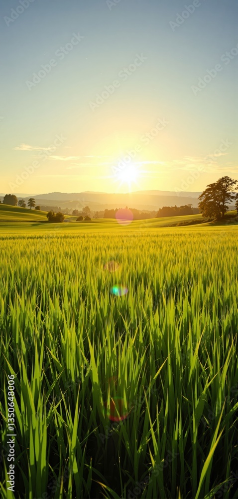Poster scenic view of a golden sunset over lush green rice fields with rolling hills and trees in the backg