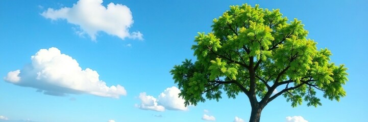 Fototapeta premium Tree against a clear blue sky with fluffy white clouds, branches, sky