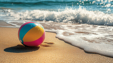 Obraz premium A colorful beach ball resting on golden sand with ocean in the background