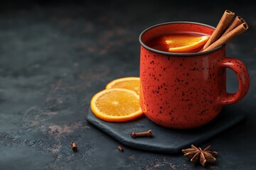 Spiced Citrus Tea in Rustic Red Mug with Aromatic Spices