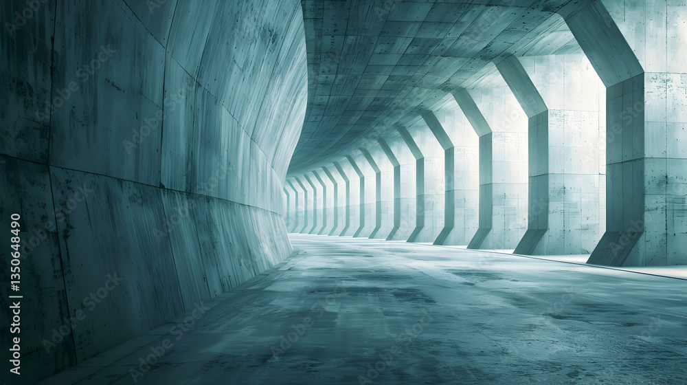 Poster abstract view of a modern, illuminated concrete tunnel with geometric patterns and shadows