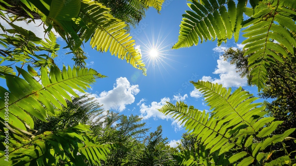 Poster sunlight filtering through a dense canopy, illuminating ferns unfolding toward the sky.
