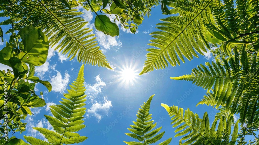 Poster sunlight filtering through a dense canopy, illuminating ferns unfolding toward the sky.