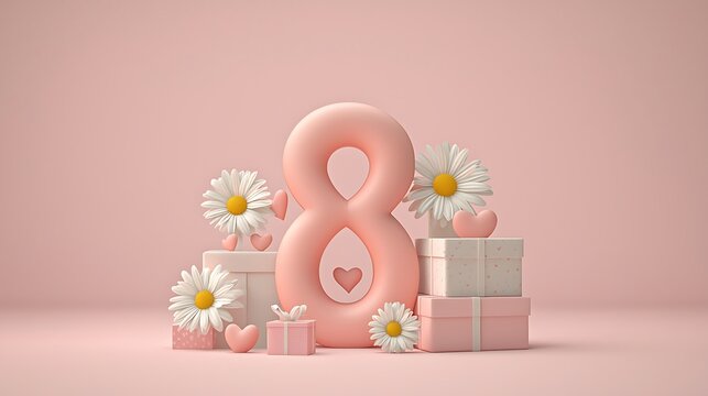 Pink 8 March gifts for flowers, pastel background.