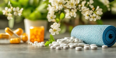 Wellness and Self-Care Routine Featuring Supplements and a Yoga Mat in a Tranquil Setting With Fresh Flowers