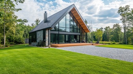 Obraz premium Modern A-frame house with large windows, stone exterior, and expansive lawn.