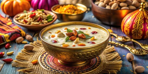 Creamy kheer dessert with a mix of nuts and dried fruits on a colorful festive table, surrounded by vibrant decorations and traditional utensils, decoration, dried fruits