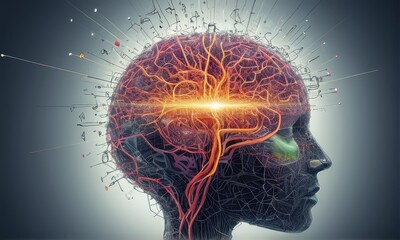 Obraz premium Abstract Pixelated Human Head with Glowing Energy Brain