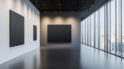 Modern art gallery interior with blank canvases and city view.