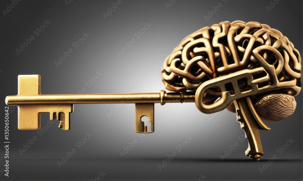 Poster golden brain key abstract conceptual image of intelligence and potential
