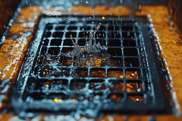 Water Splashing Into Metal Grid Drain with Orange and Blue Tones Creating Dynamic Liquid Patterns and a Grungy Industrial Aesthetic