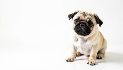A lone pug, isolated on a bright white backdrop Focus on its endearing features , studio, close-up