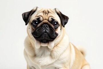 A fluffy pug, solo against a bright white backdrop , companion, pet, mammal