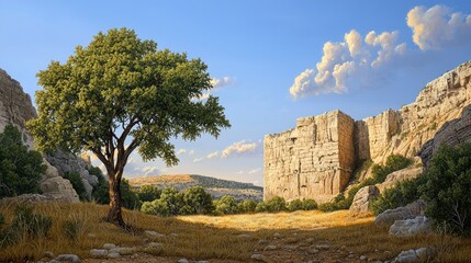 Fototapeta premium Towering canyon cliffs illuminated by the golden hues of a setting sun, a timeless landscape.
