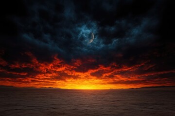 Obraz premium Dramatic sunset over stormy sea, moon in dark clouds