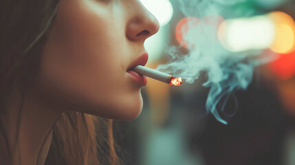 Fototapeta premium Woman smokes a cigarette in a bustling urban environment