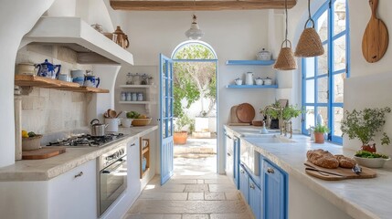 Traditional Greek kitchen with open shelving, blue accents, and stone countertops.