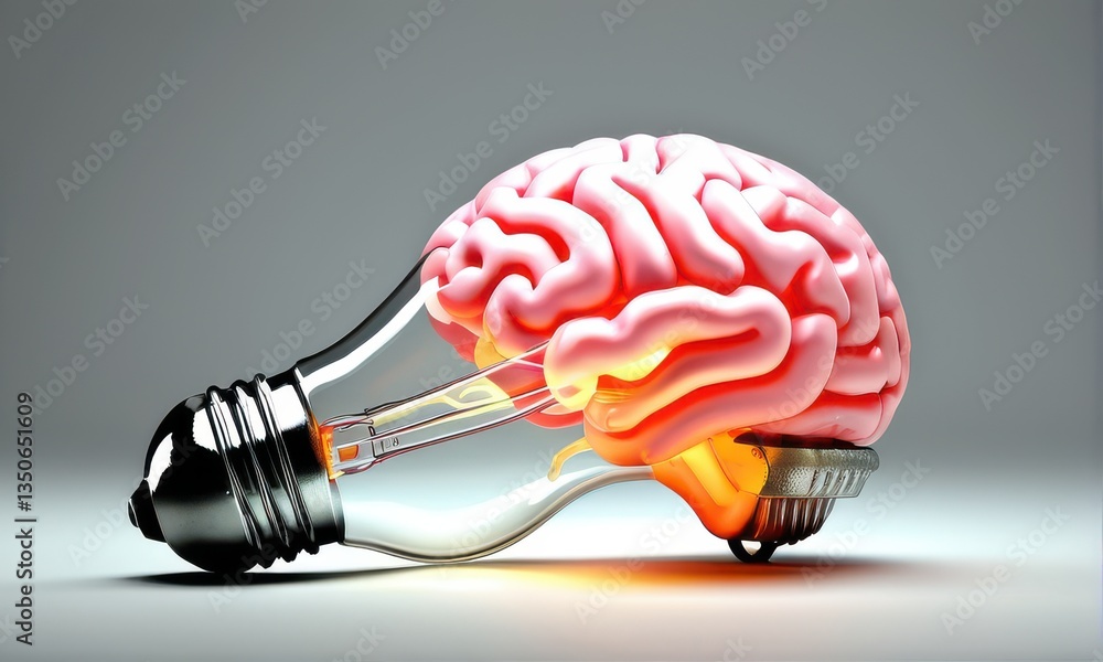 Poster glowing lightbulb with pink brain inside on gray background