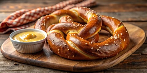 Giant soft pretzel with golden-brown crust served with tangy mustard, dipping sauce, golden brown