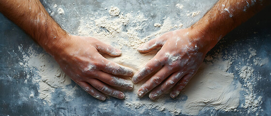 Fototapeta premium Flourdusted bakers hands shaping dough kitchen culinary art cozy environment overhead view baking craftsmanship