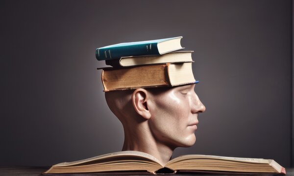 Bald Head Sculpture with Stacked Vintage Books on Open Book