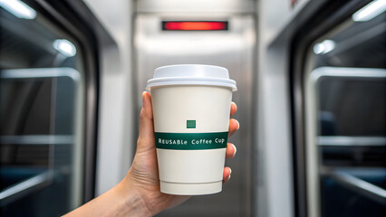 Eco-Friendly Activities Reusable coffee cup held in hand on subway promoting eco friendly activities