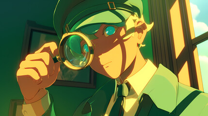 Young detective examining clues with a magnifying glass in a sunlit room filled with shadows