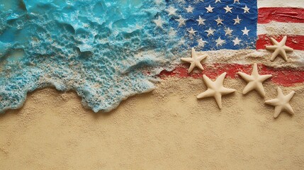 Patriotic beach scene; sand, wave, flag, stars; 4th July
