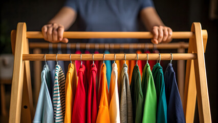 Eco-Friendly Activities variety of colorful shirts on wooden rack showcasing eco friendly fashion activities