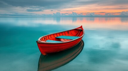 Red Rowboat on Calm Turquoise Water at Sunset