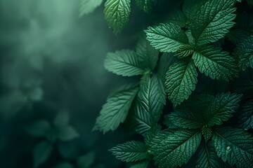 Fresh green leaves with water droplets in dark forest. Natural macro photography. Concept of nature vitality, herbal medicine, and ecology. Top view with copy space.