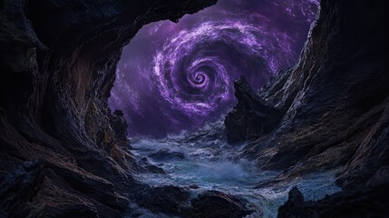 Cave Opens to a Purple Spiral Galaxy Above a Stormy Sea