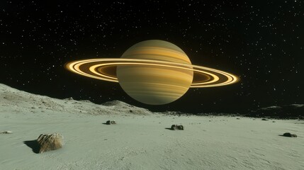 Saturn Rings Majestically Above Lunar Landscape