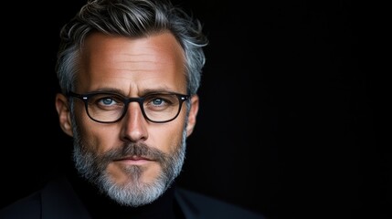 Obraz premium Close-up portrait of a man with eyeglasses and a beard. Serious expression. Stylish, mature look