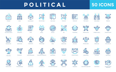 Political icon set with primaries, caucus, general election, electoral college, voter turnout, swing state, political poll, public opinion, political debate icon. Simple outline color vector 
