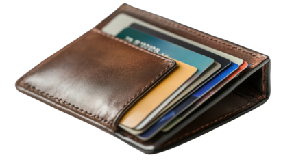 Opened Wallet: A detailed shot showcasing a leather wallet, open and filled with various cards, capturing financial tools and lifestyle.
