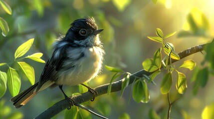 Obraz premium White eared bulbul perched a sunlit branch elegant black and white facial markings soft detailed feathers crisp green foliage background