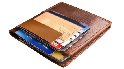 Financial Companion: A close-up shot of a brown leather wallet, showcasing a collection of credit and debit cards, symbolizing financial transactions.