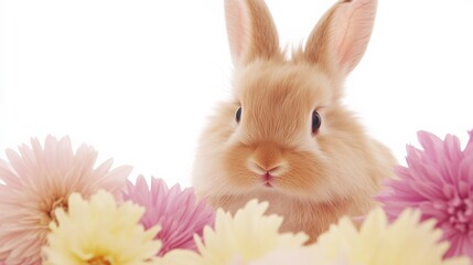 Obraz premium Cute Bunny Surrounded by Vibrant Pastel Flowers