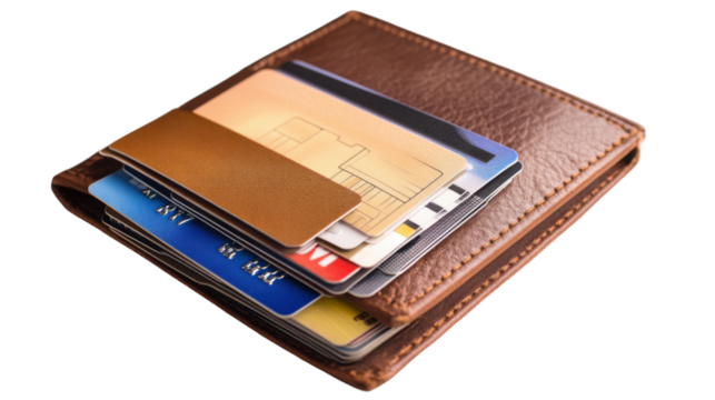 Financial Companion: A close-up shot of a brown leather wallet, showcasing a collection of credit and debit cards, symbolizing financial transactions.