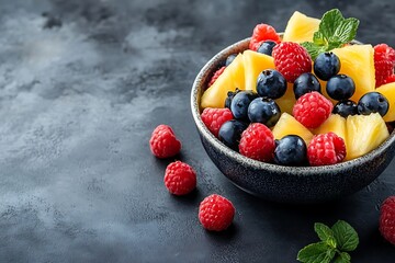 Vibrant Tropical Fruit Salad in Dark Bowl with Raspberries and Mint Garnish