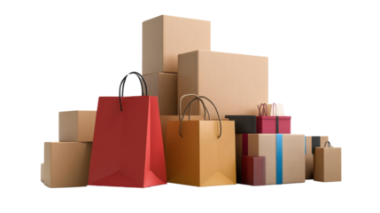 Pile of Packages: A collection of neatly arranged packages and shopping bags in various sizes and colors, symbolizing consumerism and the excitement of receiving goods