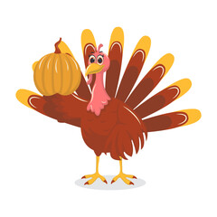 Thanksgiving Turkey Cartoon Character on White Background. Vector Illustration.