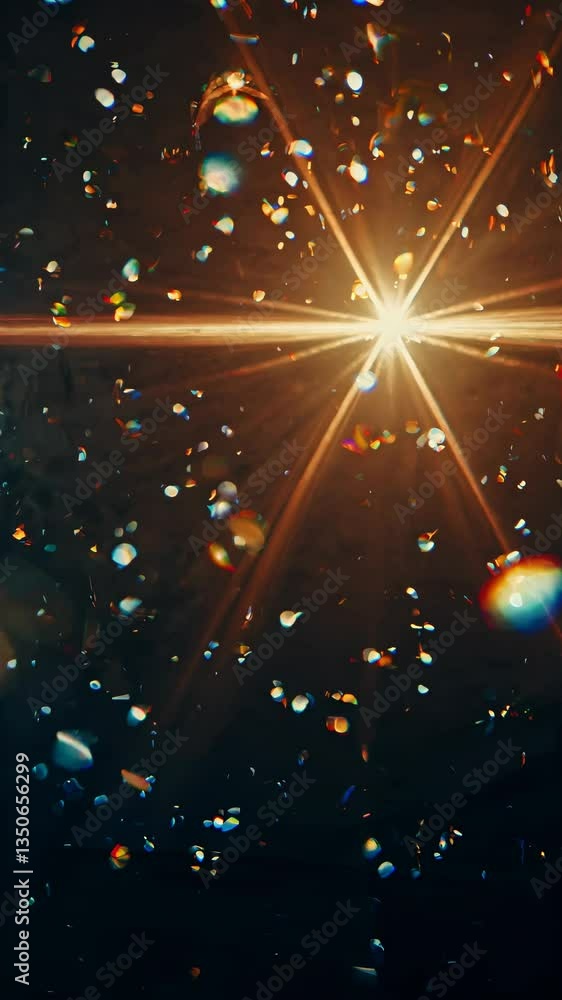 Poster a mesmerizing video of light beams and colorful bokeh, captured from a low angle, creating a dreamy,