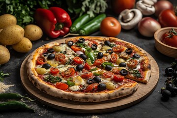 Delicious Vegetarian Pizza with Fresh Ingredients on a Wooden Board