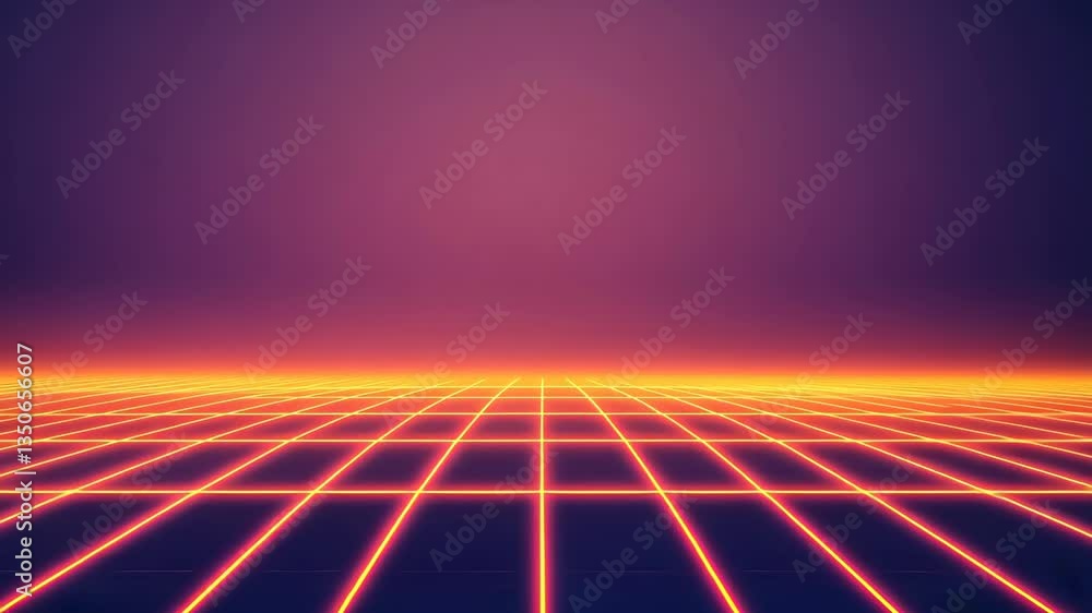 Poster looping animation futuristic neon lines creating a high-tech grid in vibrant orange and purple hues,