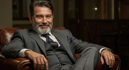 Confident Mature Businessman Relaxing in Elegant Office Setting, Perfect for Leadership and Corporate Themes
